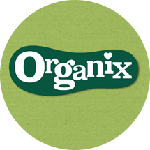 Organix logo on an avocado green background with a paper texture and a round shape